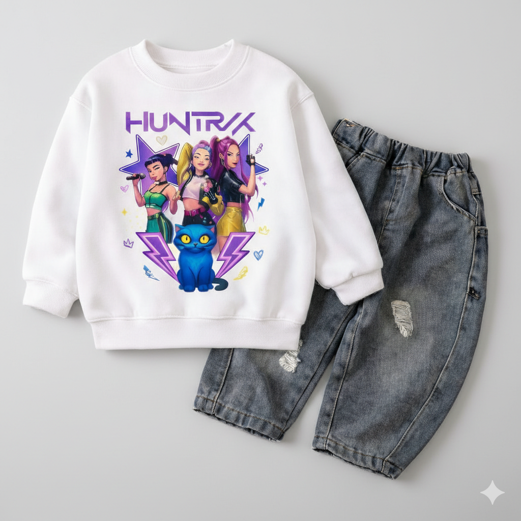 Girl's Cotton Huntrx Printed Sweatshirt With Jeans Set - White