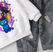 Girl's Cotton Huntrx Printed Sweatshirt With Jeans Set - White