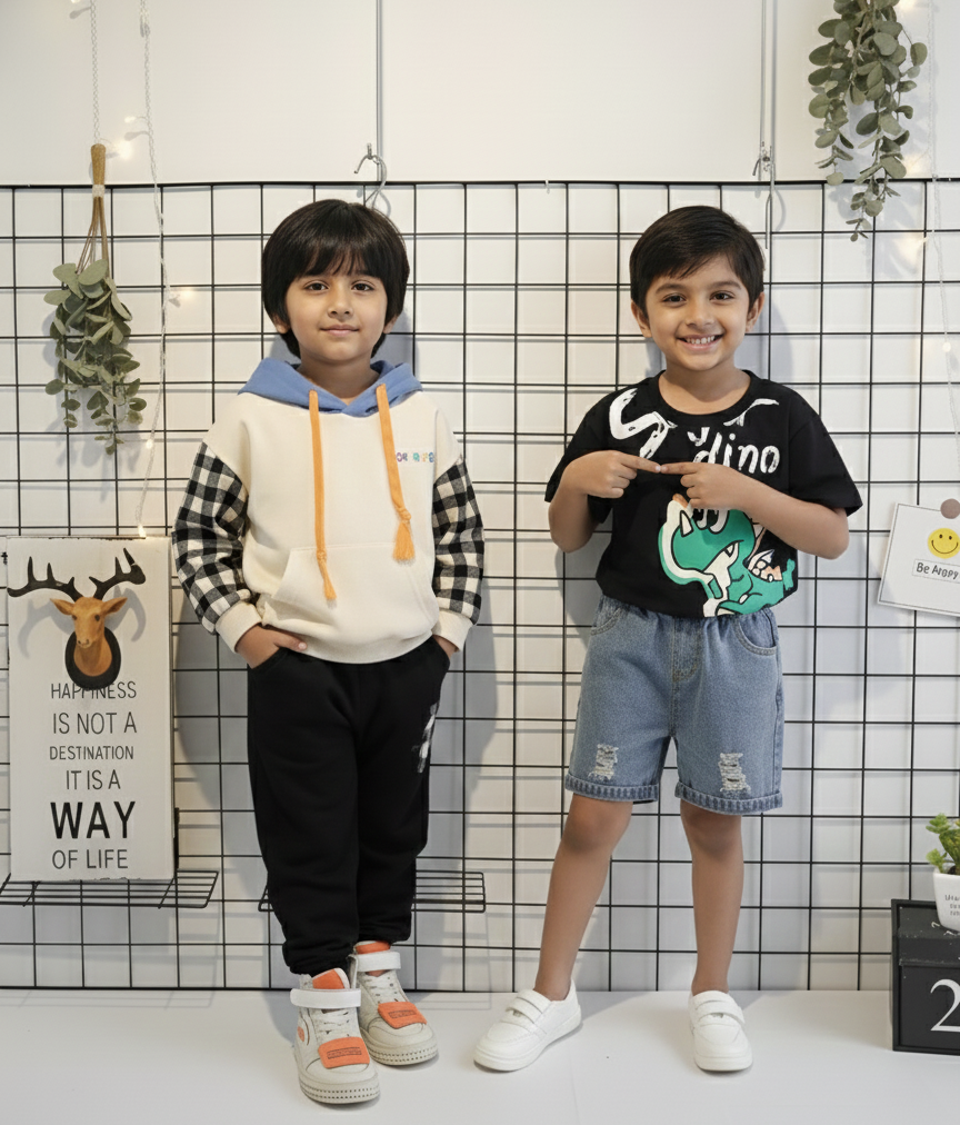 Boys Cotton Light Winter Knit Dino & Text Printed Sweatshirt T-shirt and Bottom Set Pack of 2 - Cream & Black