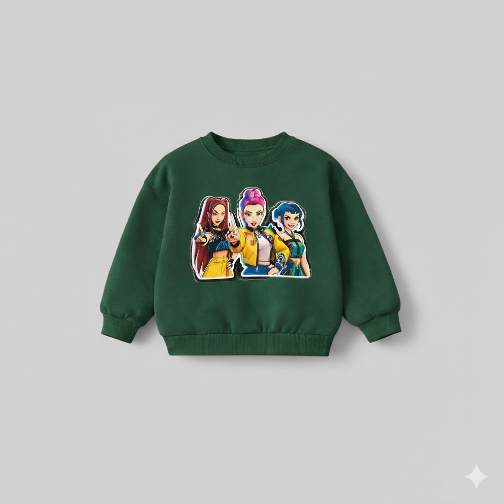 Girl's Cotton Nova Printed Sweatshirt With Jeans Set - Green