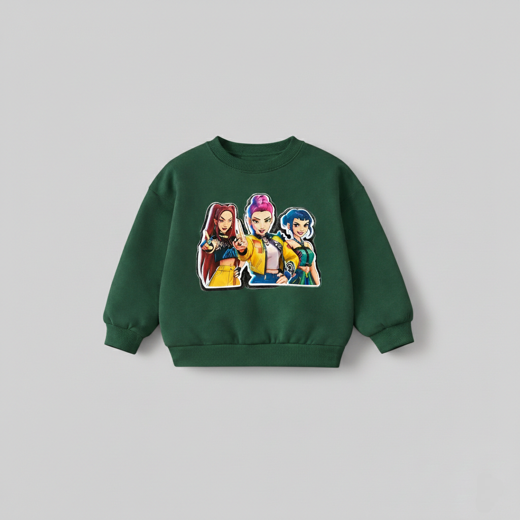 Girl's Cotton Nova Printed Sweatshirt With Jeans Set - Green