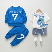 Boys Cotton Light Winter Knit Dino & Text Printed T-shirt and Bottom Set Pack of 2 - Navy & White