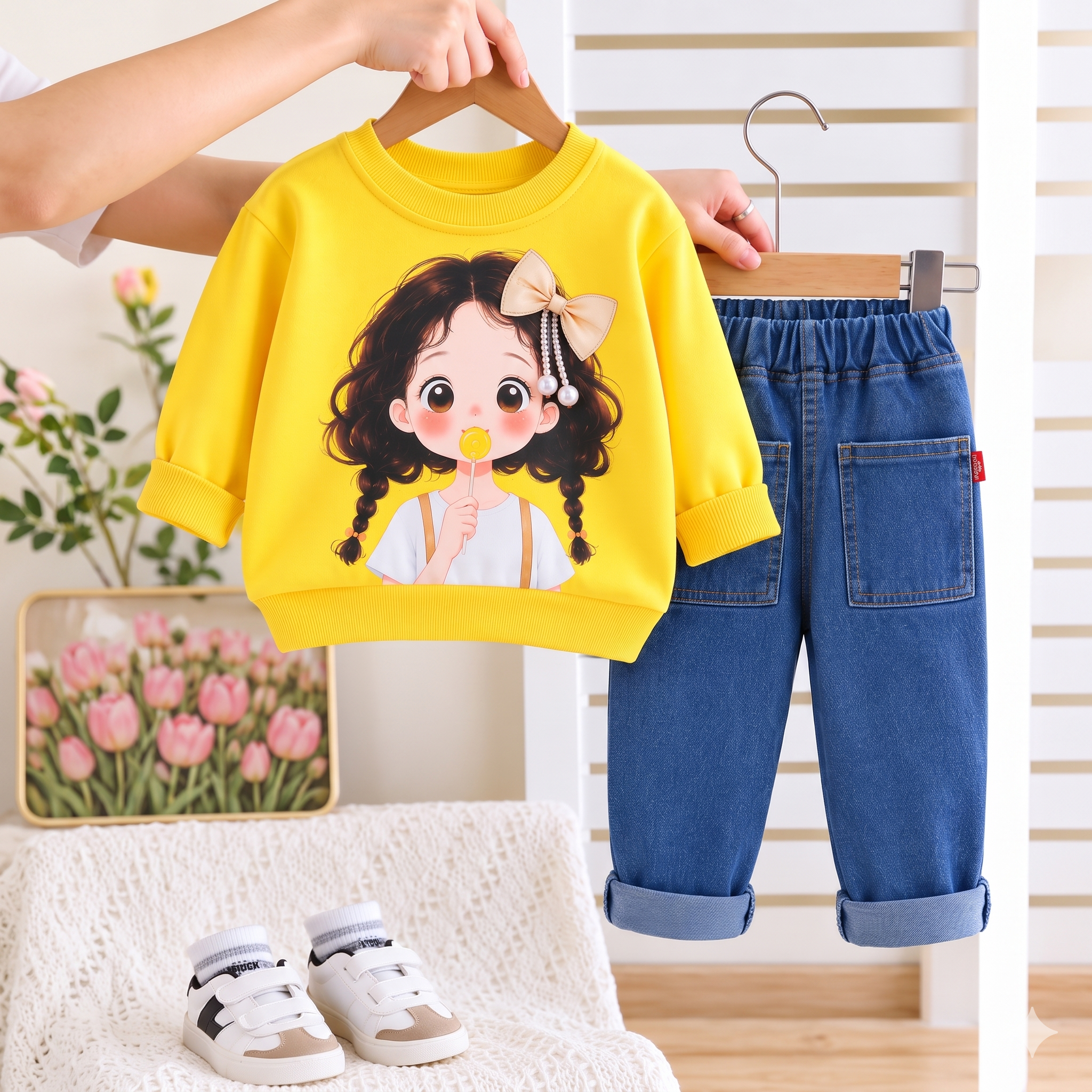 Googo Gaaga Girls Cute Doll Printed Sweatshirt & Denim Jeans Co-Ord Set – Yellow & Blue