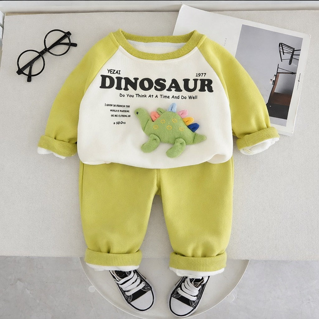 Boy's Cotton Dino Patch Sweatshirt With Joggers Set - Cream & Green