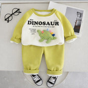 Boy's Cotton Dino Patch Sweatshirt With Joggers Set - Cream & Green