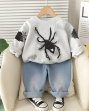 Boy's Light Winter Cotton Spider Printed Sweatshirt With Jeans Set - Grey