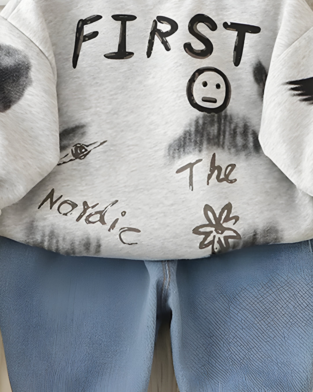 Boy's Light Winter Cotton Spider Printed Sweatshirt With Jeans Set - Grey