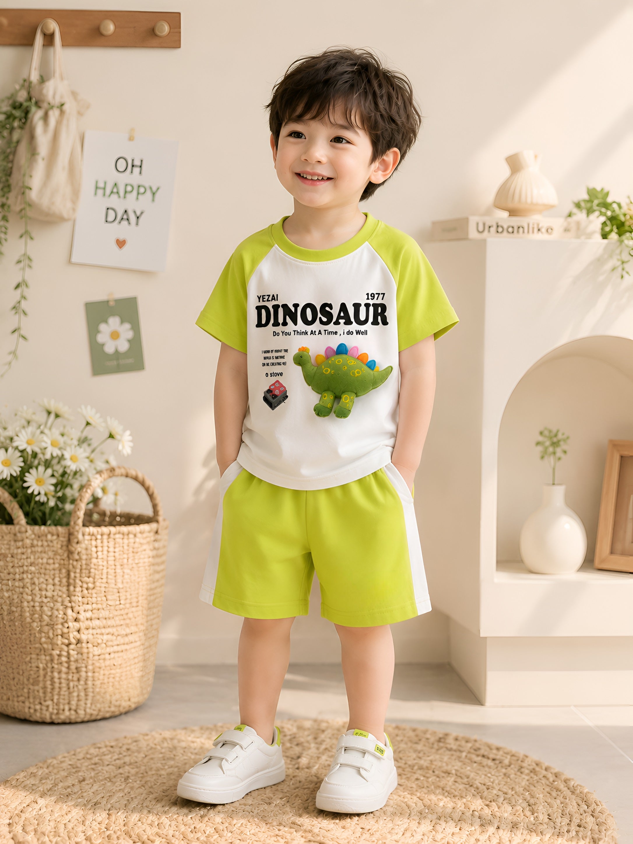 Googo Gaaga Boys Cotton Dinosaur Printed T-Shirt & Shorts Set - Green