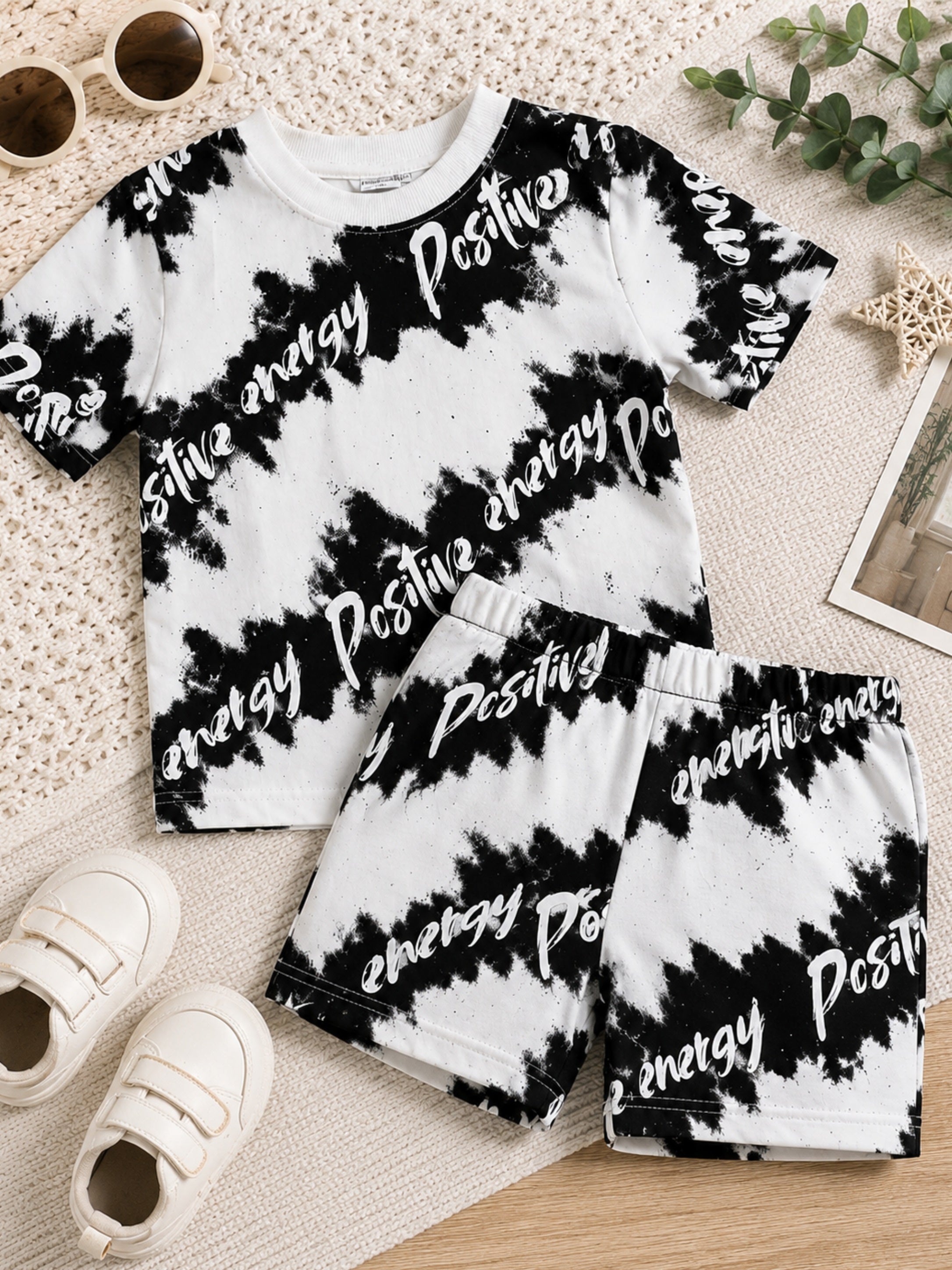 Googo Gaaga Boys Cotton Tie-Die T-Shirt & Shorts Set - Black & White