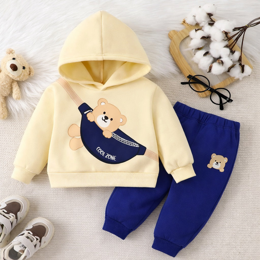 Boy's Cotton Bunny & Text Printed Sweatshirt With Joggers Set - Yellow & Cream