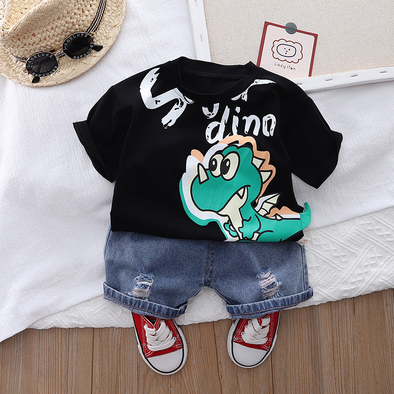 Boy's Black Dino Print T-Shirt & Shorts Set