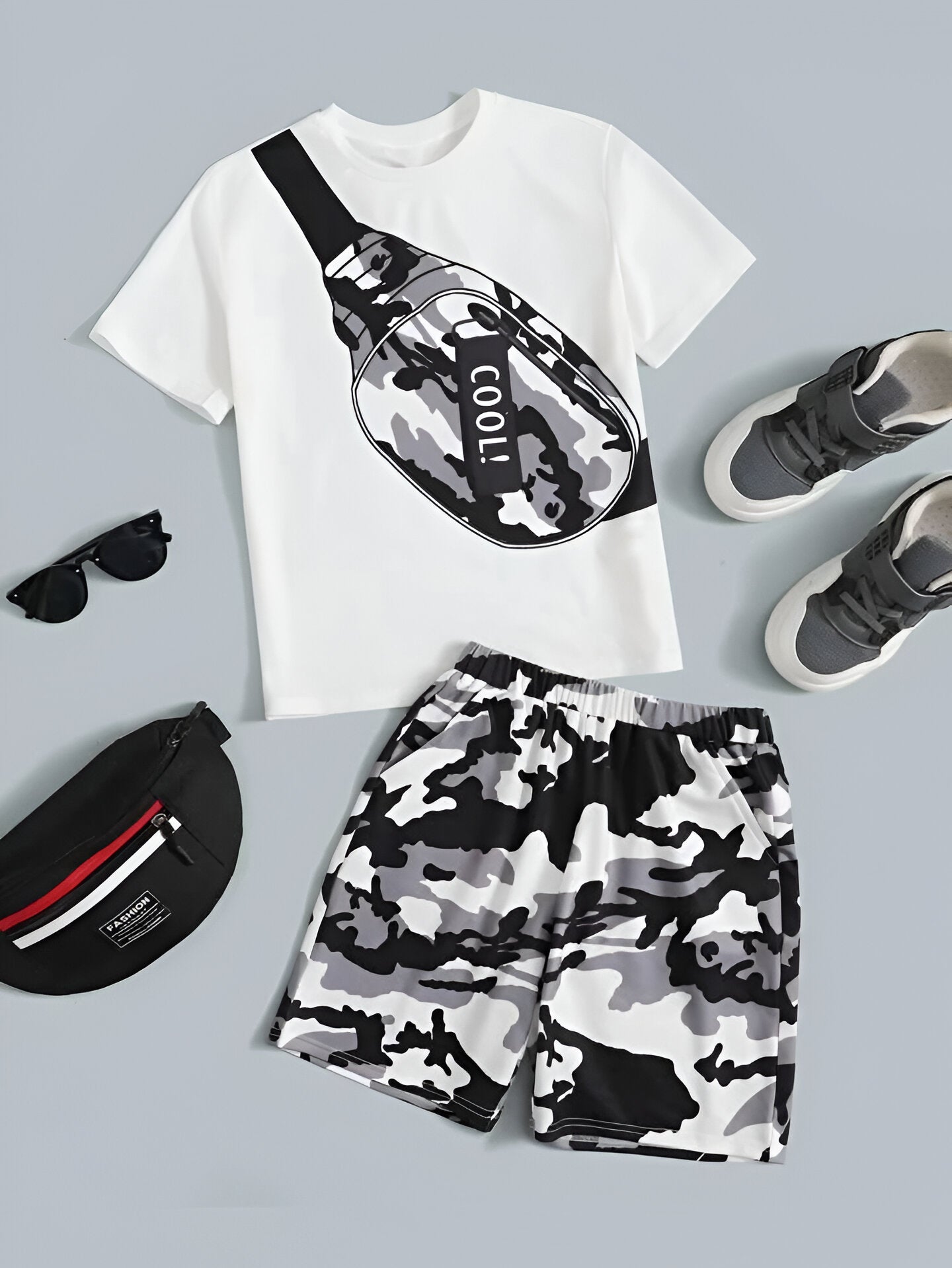 Boy's White Text Print T-Shirt & Shorts Set