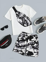 Boy's White Text Print T-Shirt & Shorts Set