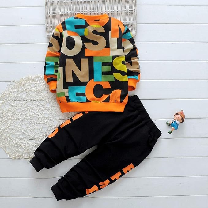 Boy's Orange Text Print Sweatshirt & Pants Set