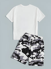 Boy's White Text Print T-Shirt & Shorts Set