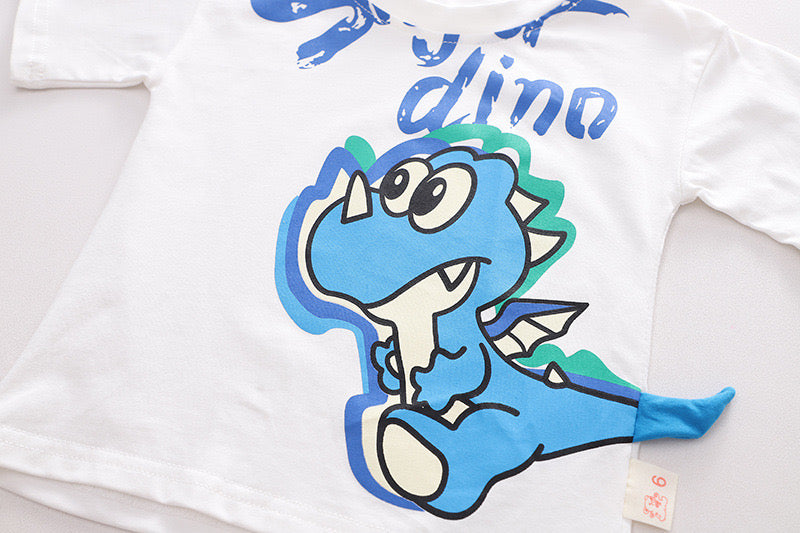 Boy's White Dino Print Half-Sleeve T-Shirt