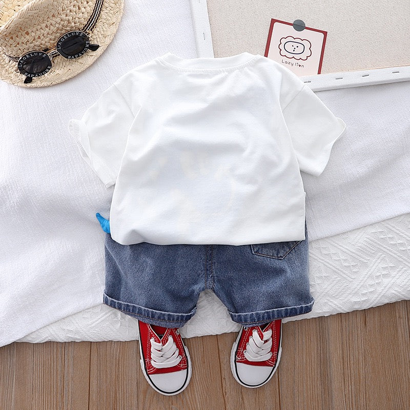 Googo Gaaga Boy's Cotton Printed T-Shirt with Denim Shorts Set in White  Colour