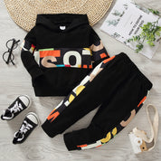 Boy's Black Text Print Hoodie & Pants Set