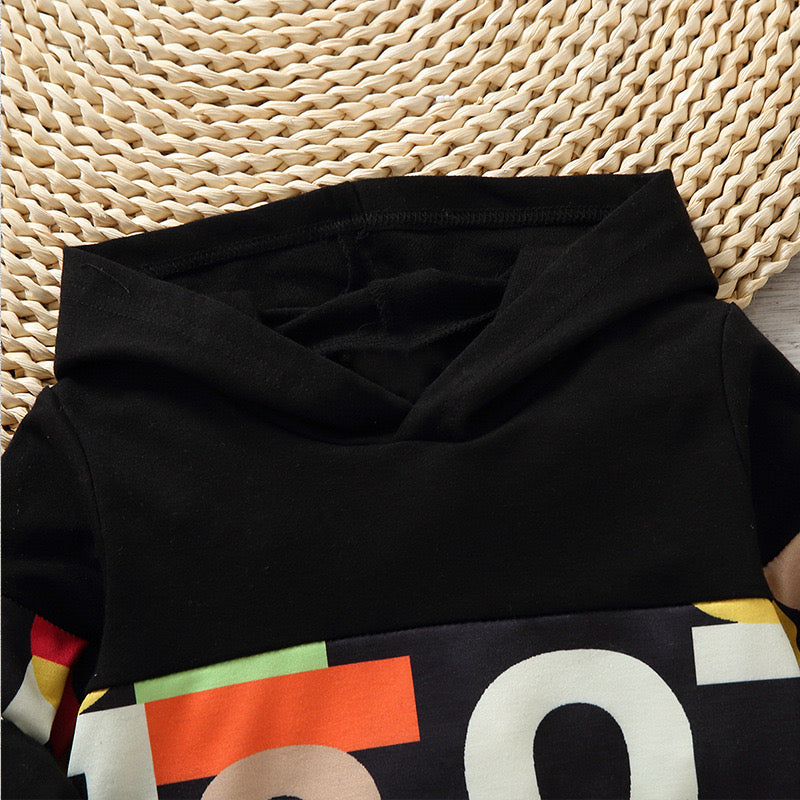 Boy's Black Text Print Hoodie & Pants Set