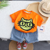 Boy's Orange Cat Print T-Shirt & Denim Shorts Set