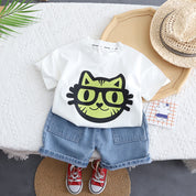 Boy's White Cat Print T-Shirt & Denim Shorts Set