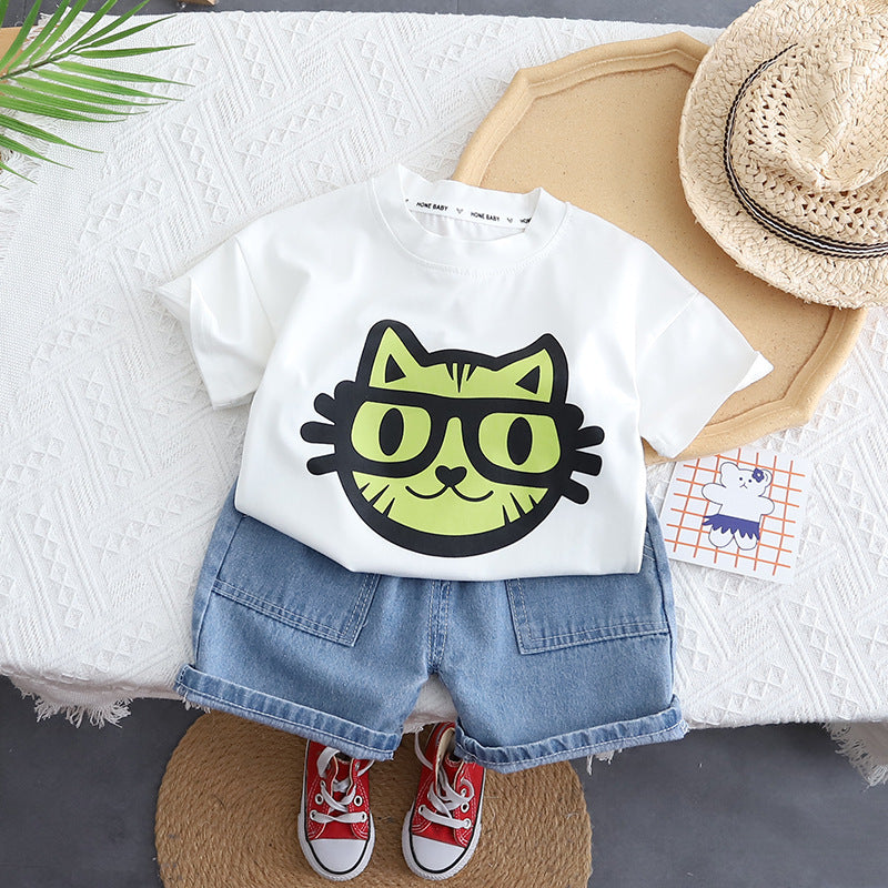 Boy's White Cat Print T-Shirt & Denim Shorts Set