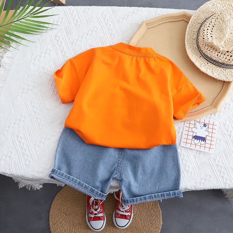 Googo Gaaga Boy's Cotton Printed T-Shirt with Denim Shorts Set in Orange  Colour