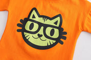 Boy's Orange Cat Print T-Shirt & Denim Shorts Set