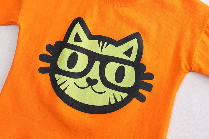 Boy's Orange Cat Print T-Shirt & Denim Shorts Set