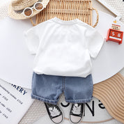 Boy's White Cat Print T-Shirt & Denim Shorts Set