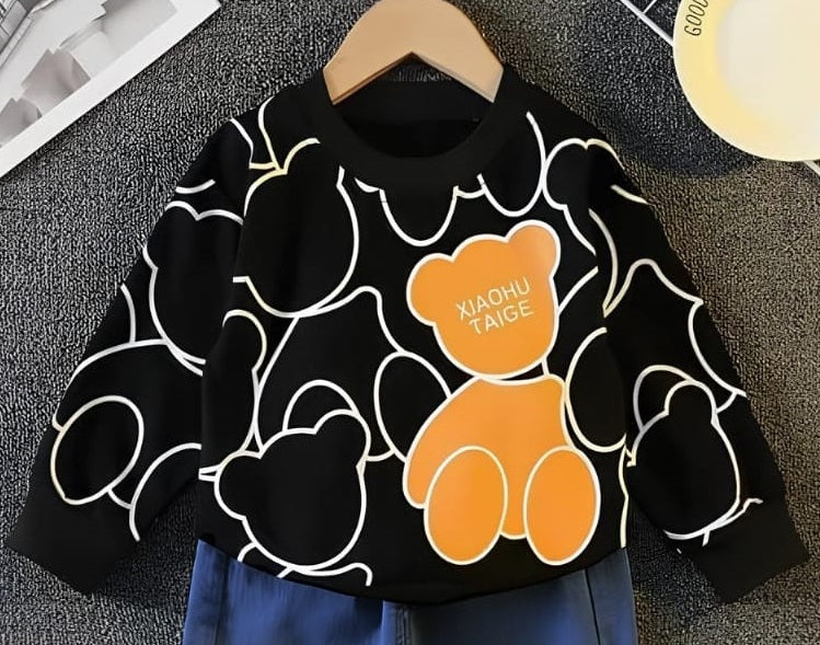 Boy's Cotton Knit Light Winter Teddy Printed Sweatshirt With Joggers Pant Set - Black