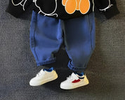 Boy's Cotton Knit Light Winter Teddy Printed Sweatshirt With Joggers Pant Set - Black