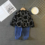 Boy's Cotton Knit Light Winter Teddy Printed Sweatshirt With Joggers Pant Set - Black