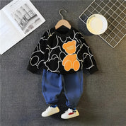 Boy's Cotton Knit Light Winter Teddy Printed Sweatshirt With Joggers Pant Set - Black