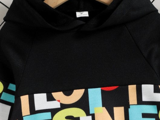 Boy's Cotton Fleece Winter Full Sleeves Text Printed Hooded Sweatshirt & Jogger Pant Set - Black