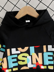 Boy's Cotton Fleece Winter Full Sleeves Text Printed Hooded Sweatshirt & Jogger Pant Set - Black