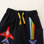 Boy's Black Plane Print Mid-Rise Shorts