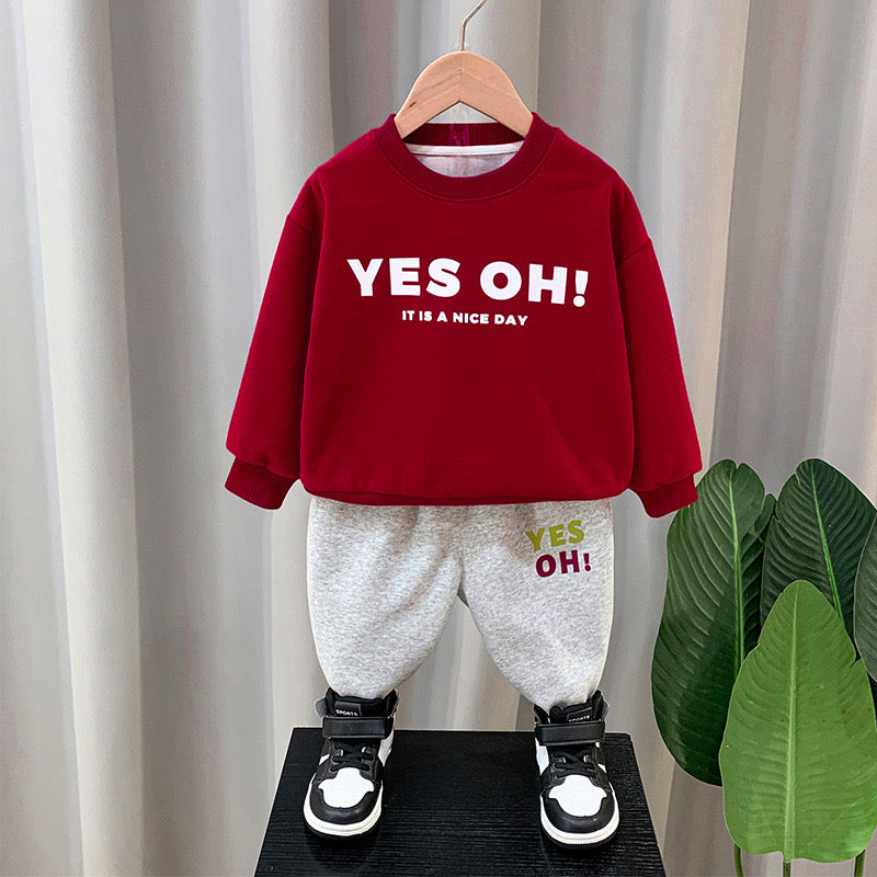 Boy's Red Text Print Sweatshirt & Joggers Set