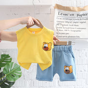 Boy's Yellow Bear Print Sleeveless T-Shirt & Shorts