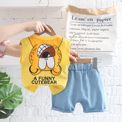 Boy's Yellow Bear Print Sleeveless T-Shirt & Shorts