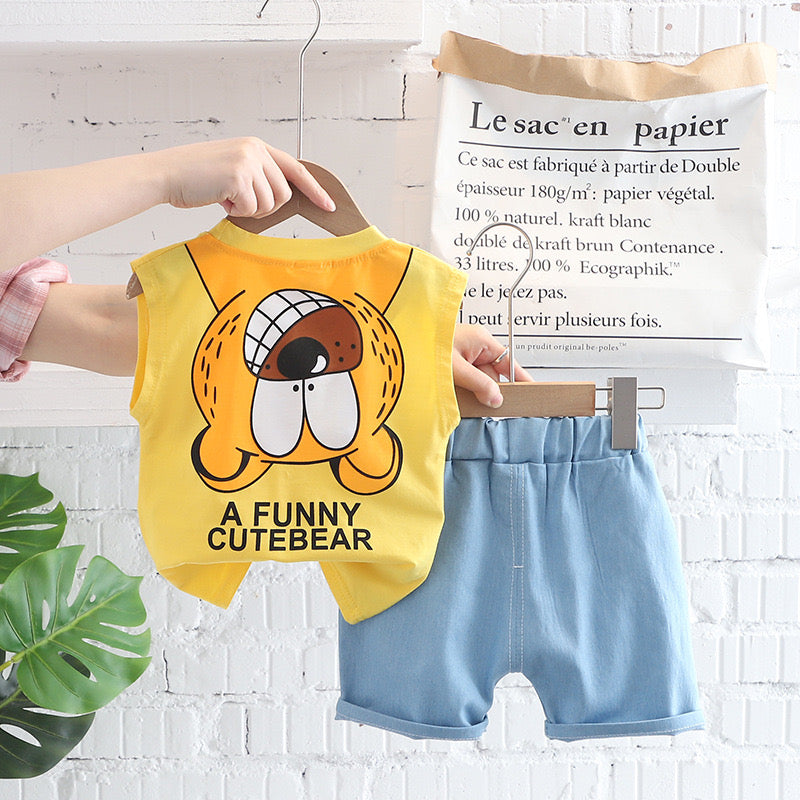 Boy's Yellow Bear Print Sleeveless T-Shirt & Shorts