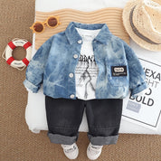 Boys Cotton Knit Denim Printed Jacket T-shirt With Jeans - Blue