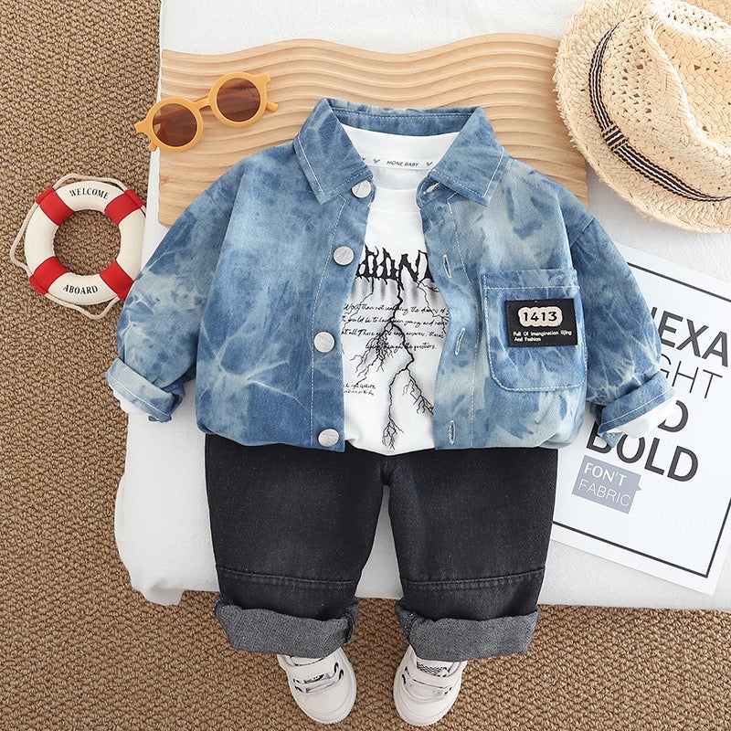 Boys Cotton Knit Denim Printed Jacket T-shirt With Jeans - Blue