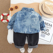 Boys Cotton Knit Denim Printed Jacket T-shirt With Jeans - Blue