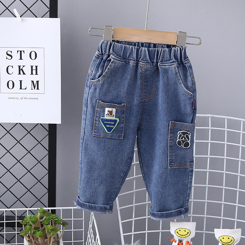 Boy's Blue Teddy Print Cotton Pants