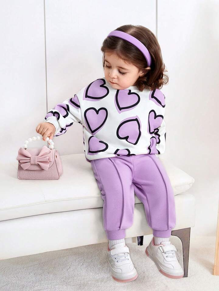 Girl's Purple Heart Print Sweatshirt & Pants Set