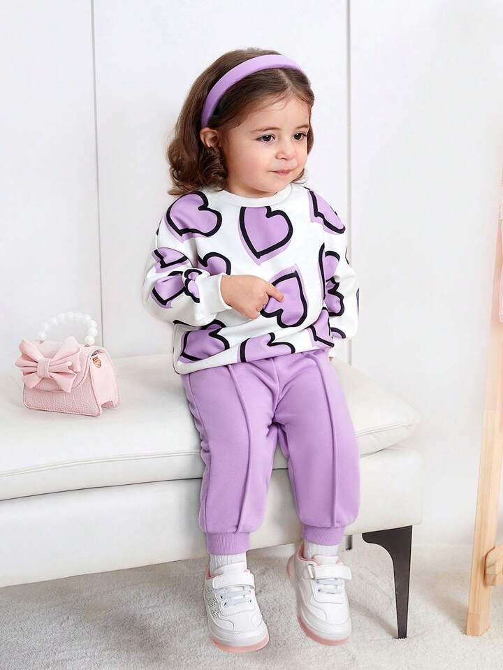 Girl's Purple Heart Print Sweatshirt & Pants Set