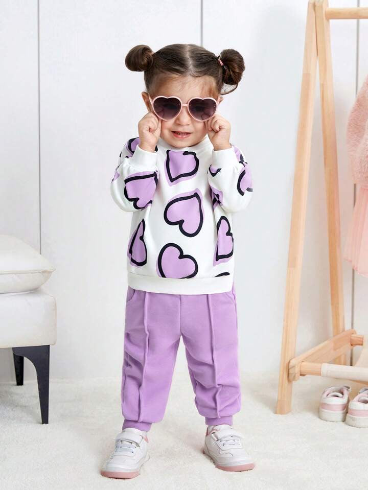 Girl's Purple Heart Print Sweatshirt & Pants Set