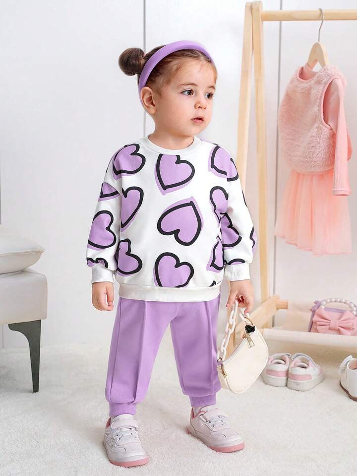 Girl's Cotton Full Sleeves Heart Printed Sweatshirt and Pant Set in Purple (PurpleHeart)