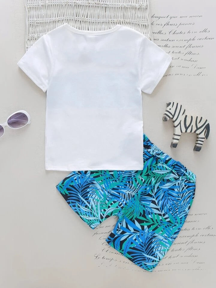 Boy's Cotton Printed T-Shirt with  Shorts Set in White  Colour ( summer AOP)